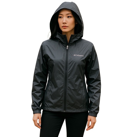 Columbia Black hooded rain nylon windbreaker zip up Jacket zip pockets small - Picture 1 of 9